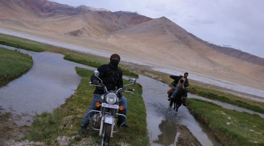 Royal Enfield et nomade à cheval au Lac Tsokar - Voyage à moto Transhimalayenne et Ladakh, Inde, Himalaya